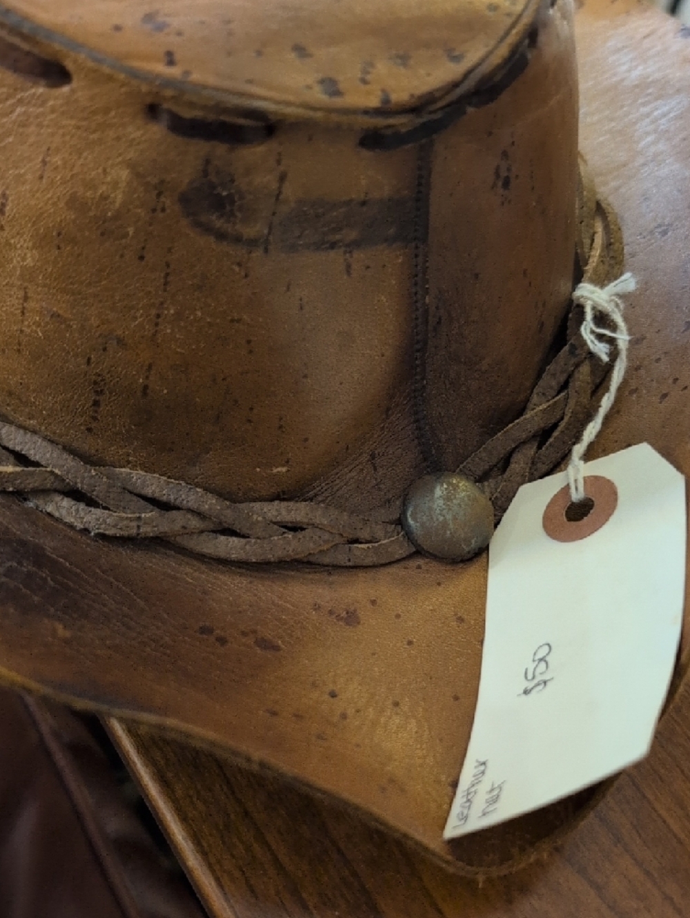 Distressed Brown Leather Cowboy Hat with Braided Band - Picture 2 of 9
